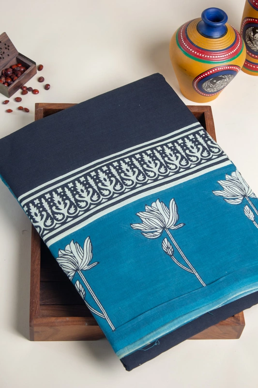 Cotton Handblock - Black and Teal Blue border with Floral Prints