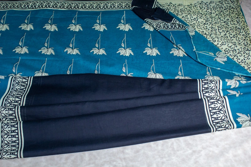 Cotton Handblock - Black and Teal Blue border with Floral Prints