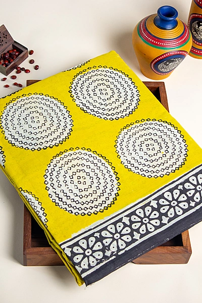 Cotton Handblock - Mustard Yellow with Geometric Circular Prints