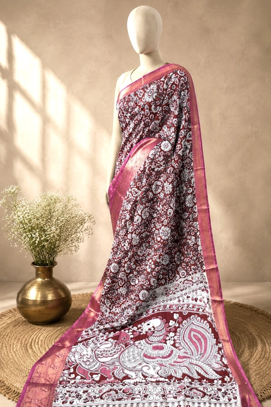 Kalamkari Block Print Silk Cotton Nizam Border Saree #16