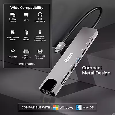 TYPE-C HUB FOXIN 8 IN 1 C-HUB 8 (RJ45+SD+TF+USB 2.0+USB 3.0+HDMI+TYPE-C+PD 100W)