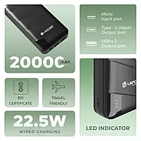 High‑capacity 20,000 mAh Lapcare Blaze Pro LPB‑018 with 22.5 W fast charging, 4‑port output (USB‑A, Type‑C, Micro‑USB), LED indicator & smart safety