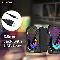 Lapcare LUS‑003: 6 W (3 W × 2) USB‑powered gaming speakers with 360° stereo sound, 7‑color LED lights, AUX input, inline volume control, 150 Hz‑20 kHz freq. range. warranty.