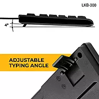 Lapcare Alfa‑1 LKB‑300 keyboard: 104‑key layout plus 15 hotkeys, USB plug‑and‑play, adjustable kickstand & 10 million keystroke lifespan.