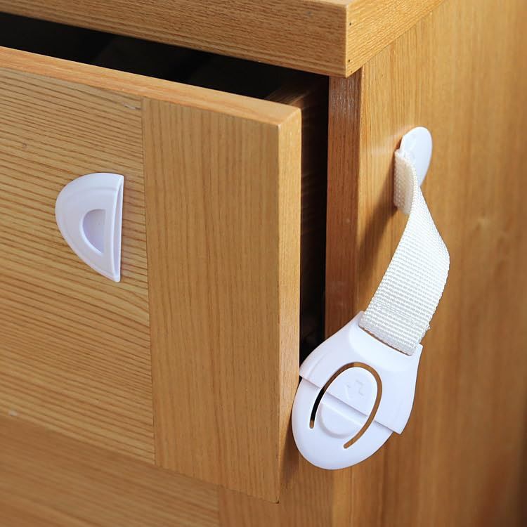 Baby Safety Locks & Latches – Nylon Strap for Doors, Cupboards & Drawers (White, Pack of 4)