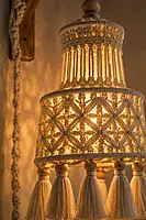 Natural Ivory Macrame Pendant Lamp Shade with Tassel Hem & Wooden Beads