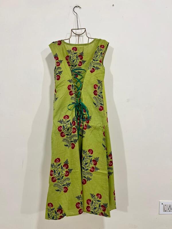Saira's A-line Dress With a Back Tie - Green & Red Flowers