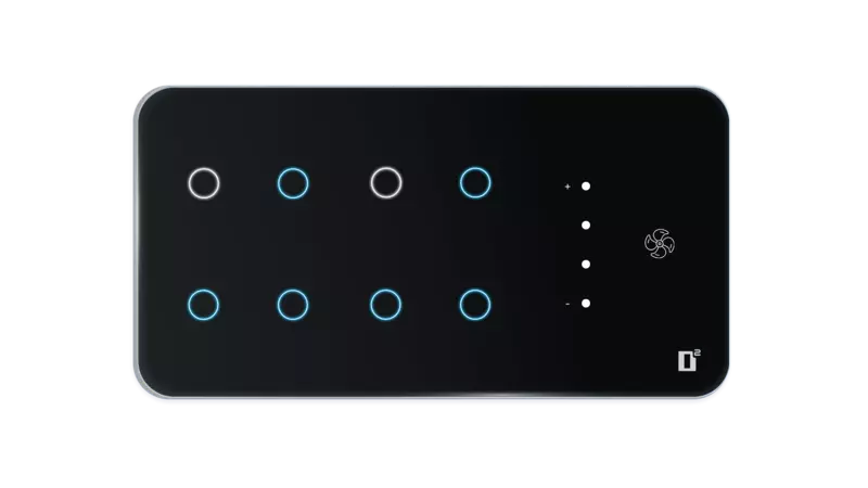 D2Touch 6 Module 8 Switch 1 Fan Glosy Acrylic Blue LED frameless Wi-Fi Remote Touch Switch Panel