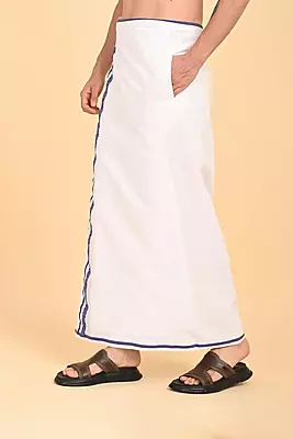 Men’s 100% Cotton Readymade Double-Layer White Veshti with Fancy Border-Blue/SS