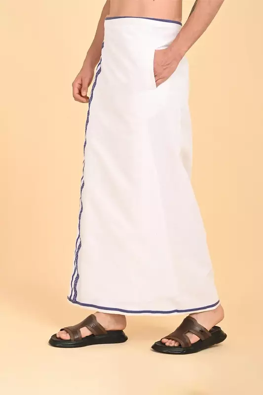 Men’s 100% Cotton Readymade Double-Layer White Veshti with Fancy Border-Blue/SS