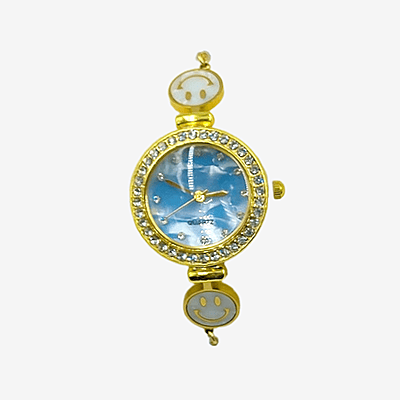 Women’s Gold Smiley Pearl Bracelet Watch with Blue Dial