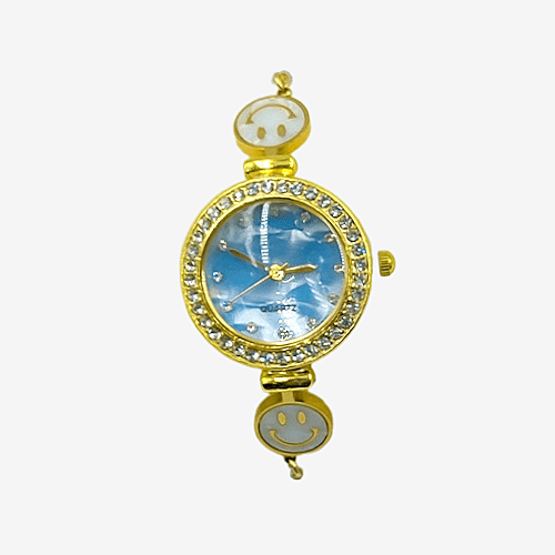 Women’s Gold Smiley Pearl Bracelet Watch with Blue Dial
