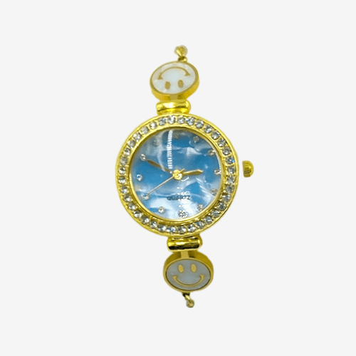 Women’s Gold Smiley Pearl Bracelet Watch with Blue Dial