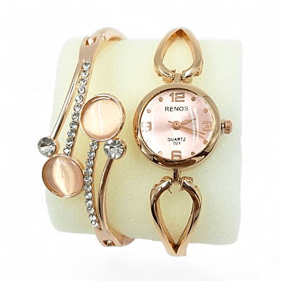 Rose Gold RENOS Watch | Crystal Heart Bangle Gift Set