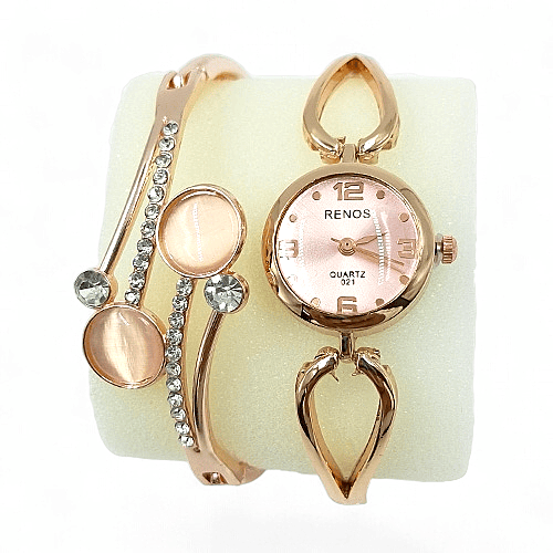 Rose Gold RENOS Watch | Crystal Heart Bangle Gift Set
