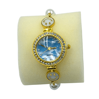 Women’s Gold Smiley Pearl Bracelet Watch with Blue Dial