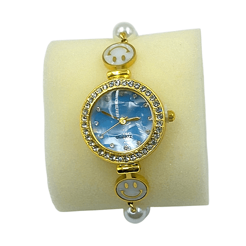 Women’s Gold Smiley Pearl Bracelet Watch with Blue Dial