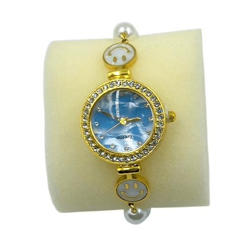 Women’s Gold Smiley Pearl Bracelet Watch with Blue Dial