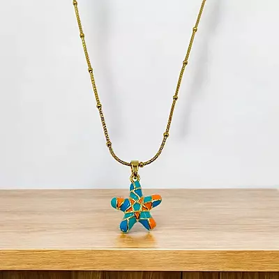 Anti-Tarnish Gold-Tone Starfish Necklace with Mosaic Enamel
