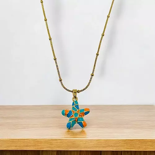 Anti-Tarnish Gold-Tone Starfish Necklace with Mosaic Enamel