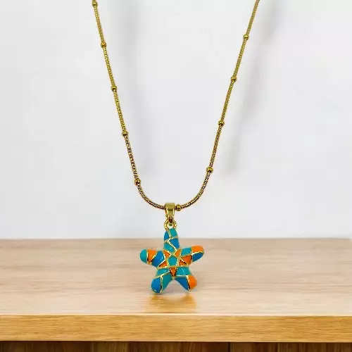 Anti-Tarnish Gold-Tone Starfish Necklace with Mosaic Enamel