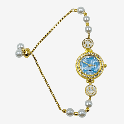 Women’s Gold Smiley Pearl Bracelet Watch with Blue Dial