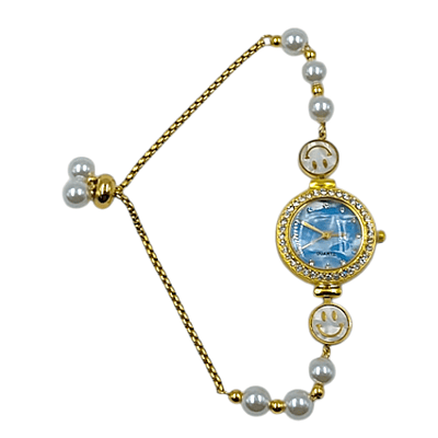 Women’s Gold Smiley Pearl Bracelet Watch with Blue Dial