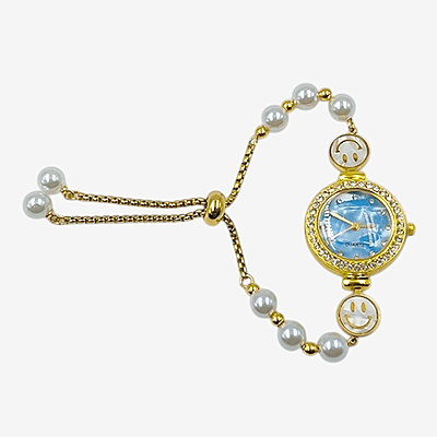 Women’s Gold Smiley Pearl Bracelet Watch with Blue Dial