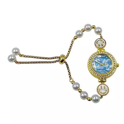 Women’s Gold Smiley Pearl Bracelet Watch with Blue Dial