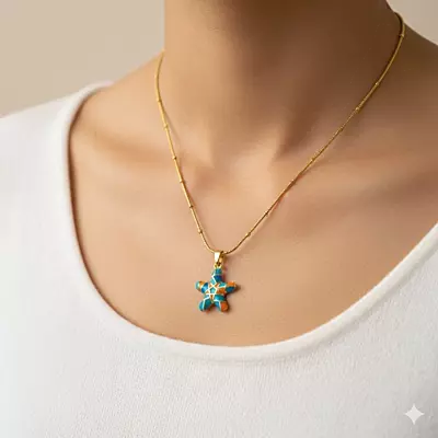 Anti-Tarnish Gold-Tone Starfish Necklace with Mosaic Enamel