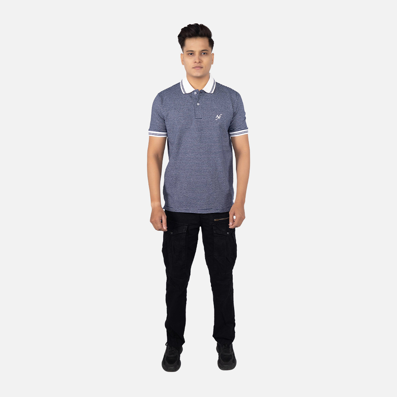Men Midnight Blue Pinstripe Polo Neck T-shirt