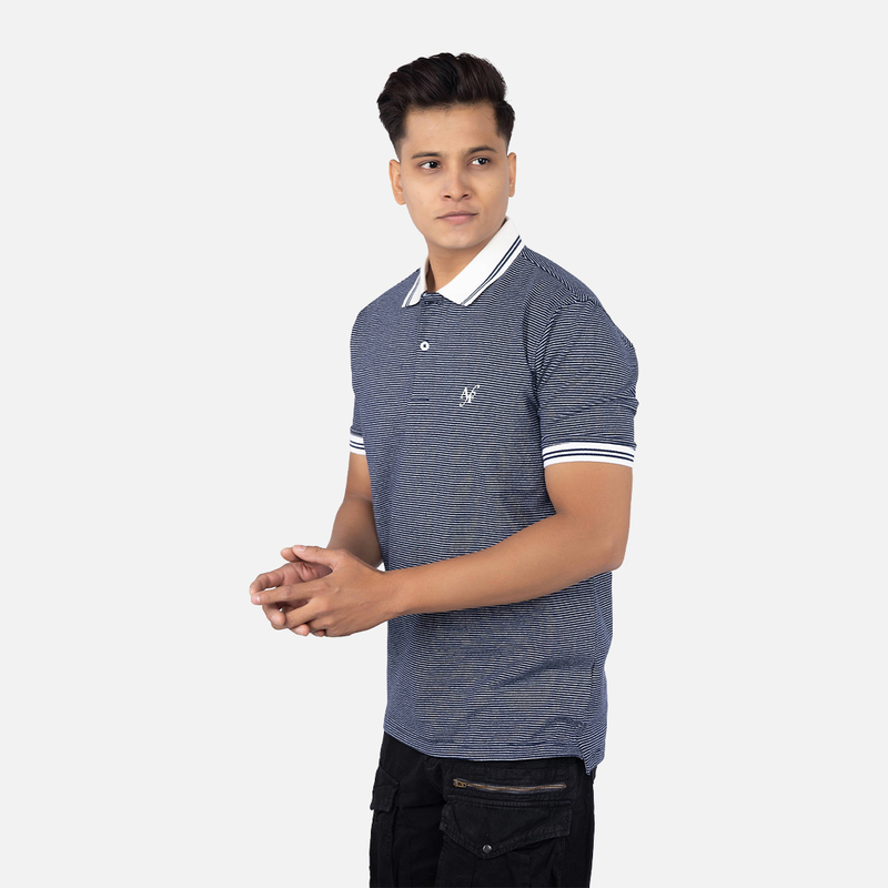 Men Midnight Blue Pinstripe Polo Neck T-shirt