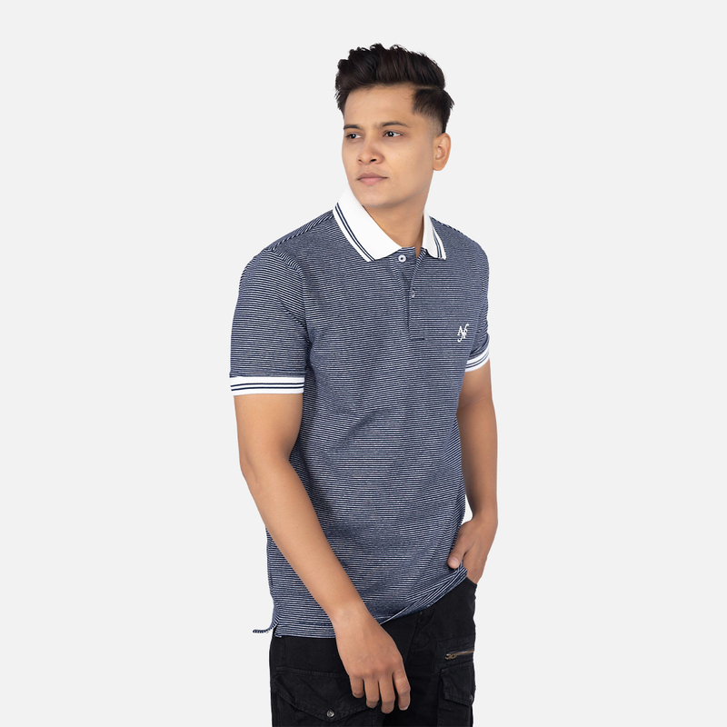 Men Midnight Blue Pinstripe Polo Neck T-shirt