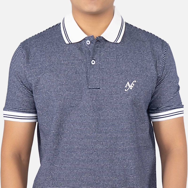 Men Midnight Blue Pinstripe Polo Neck T-shirt