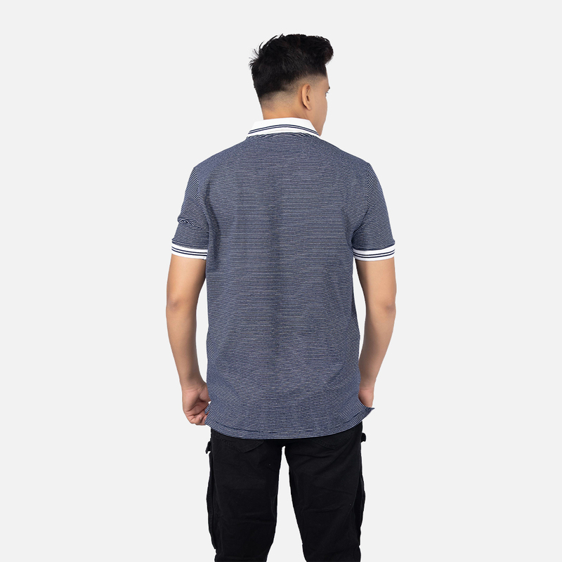 Men Midnight Blue Pinstripe Polo Neck T-shirt