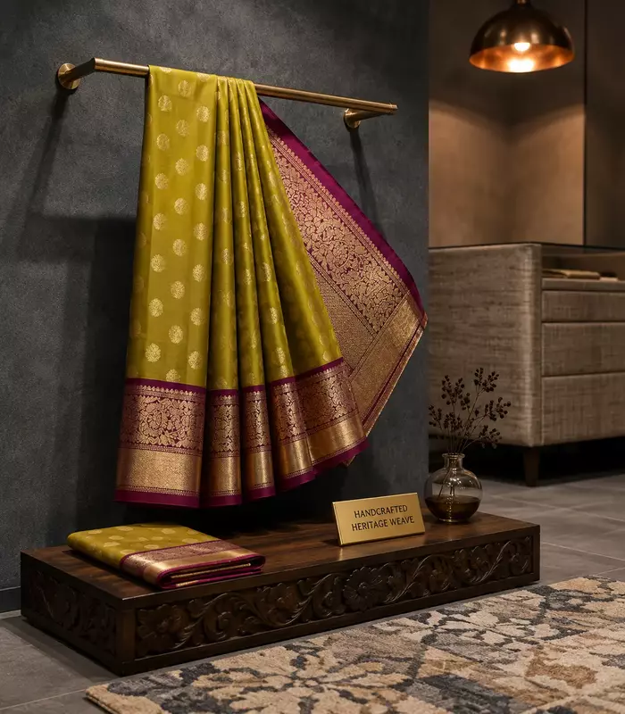 Olive green silk saree with cranberry zari border