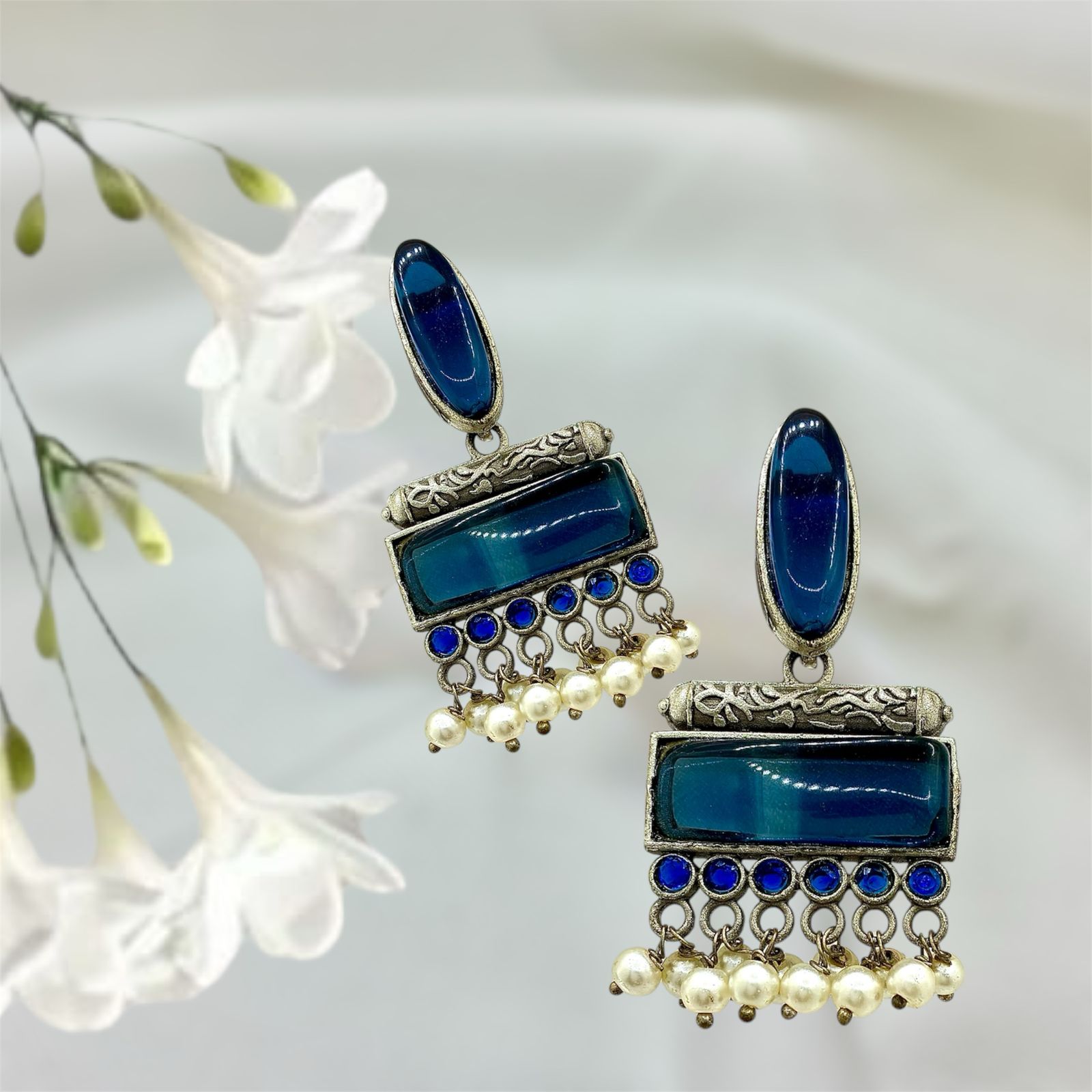 Silver plated Brass Earrings (Percian Blue) #7