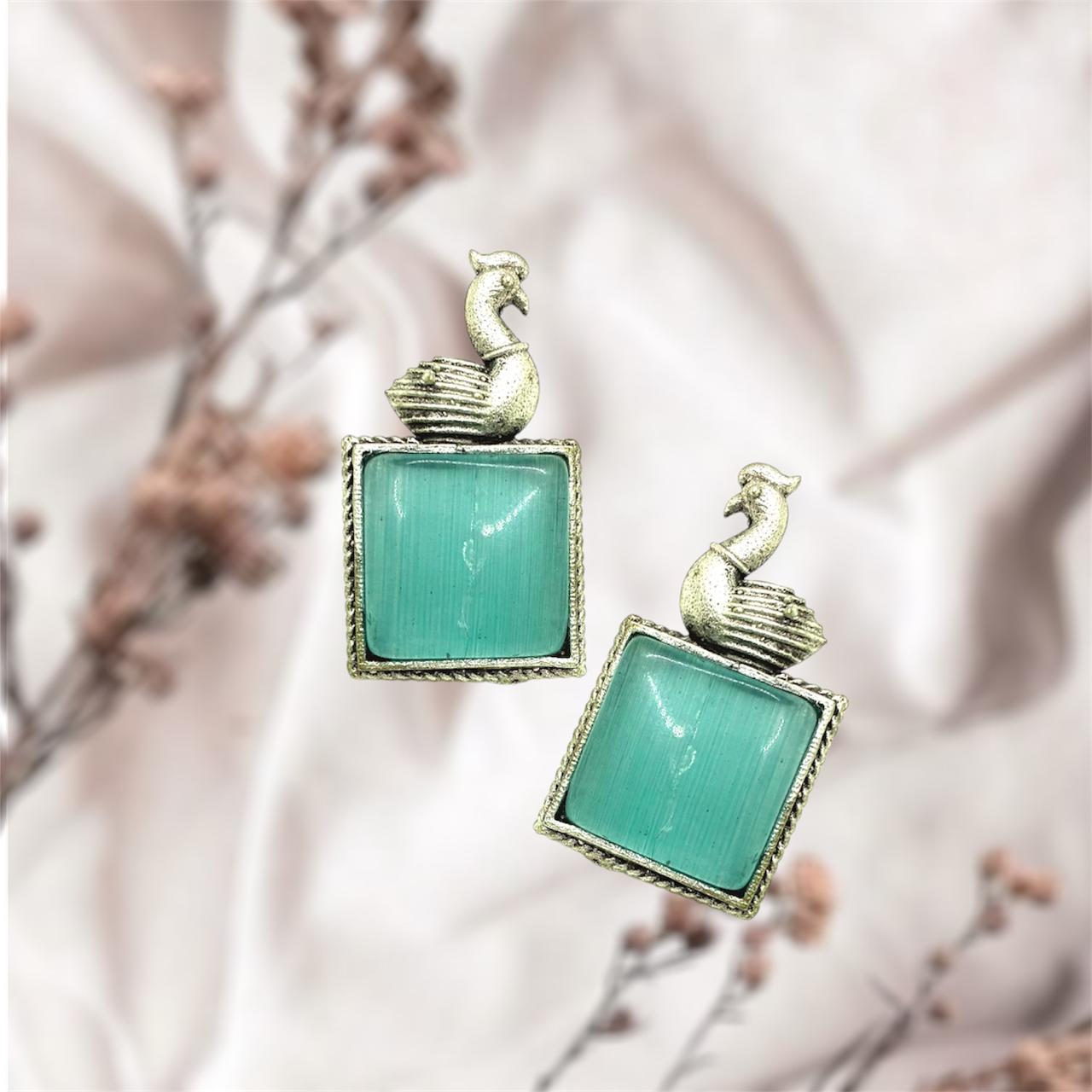 Silver plated Brass Earrings (Sea Green) #16