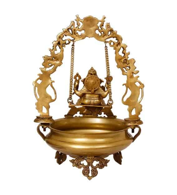 Brass Lord Ganesha on Swing Urli - 20.9 inch Height | Divine Decor Centerpiece