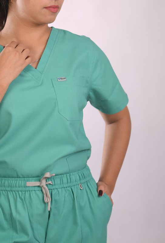 Ksvi Antibacterial Female V-Neck (Sea Green) Scrub Shirt Pant