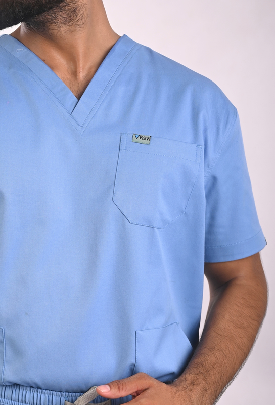 Ksvi Antibacterial Male V-Neck Scrub Shirt Pant (Ceil Blue )