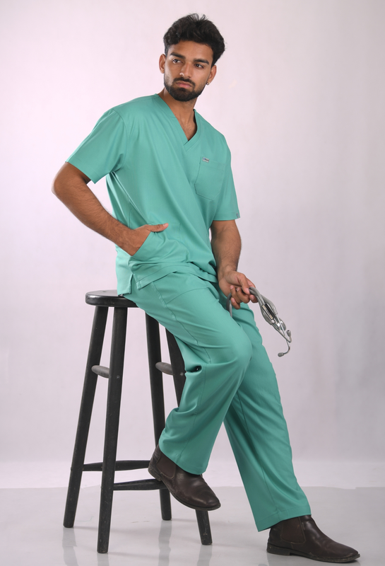 Ksvi Antibacterial Male V-Neck 2 Way Strech Scrub Shirt Pant (Sea Green)