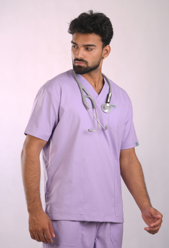 Ksvi Antibacterial Male V-Neck 2 Way Strech Scrub Shirt Pant (Pastel Licac)