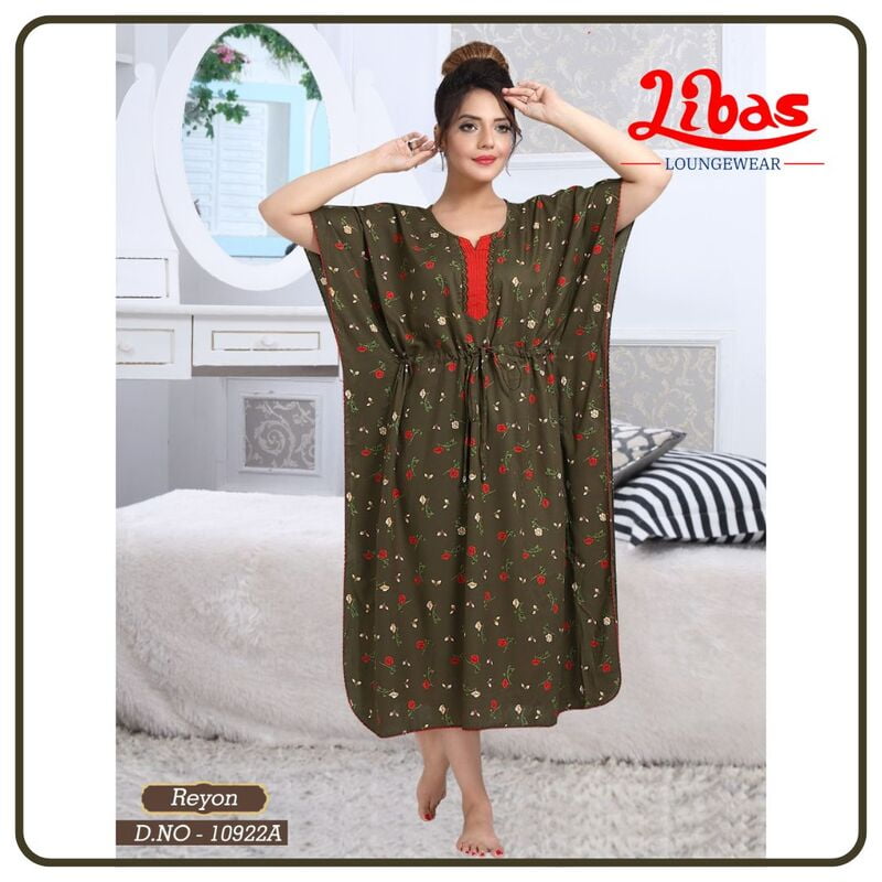 Olive Green Rayon Midi Kaftan Dress With Tiny Floral Print All Over From Libas Loungewear - KF339 Olive Green Rayon Midi Kaftan Dress With Tiny Floral Print All Over From Libas Loungewear - KF339