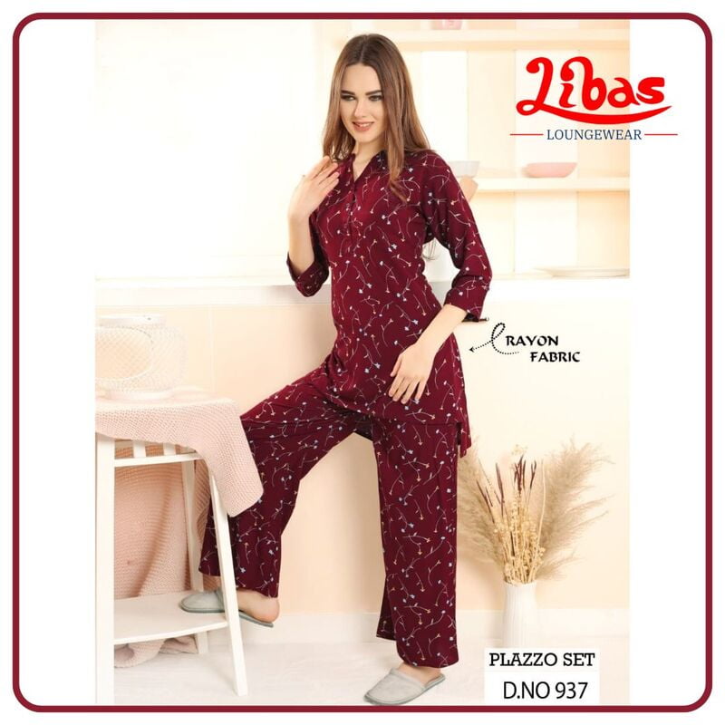 Bordeaux Maroon Premium Rayon Women Night Suit With Palazzo Style From Libas Loungewear - FPS137 Bordeaux Maroon Premium Rayon Women Night Suit With Palazzo Style From Libas Loungewear - FPS137