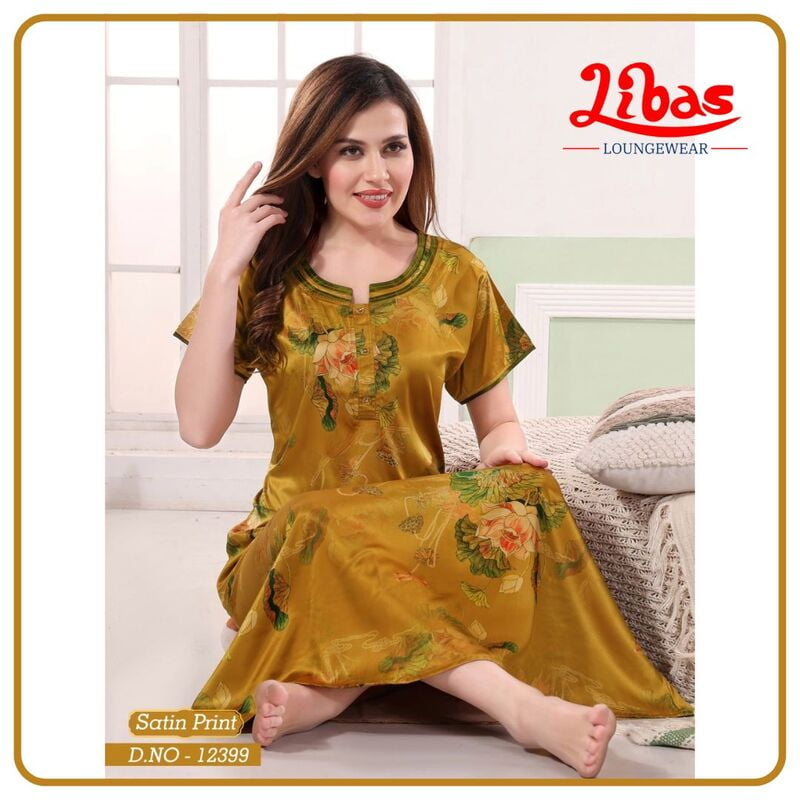 Golden Brown Premium Satin Nighty With Floral Print All Over From Libas Loungewear - ST090 Golden Brown Premium Satin Nighty With Floral Print All Over From Libas Loungewear - ST090