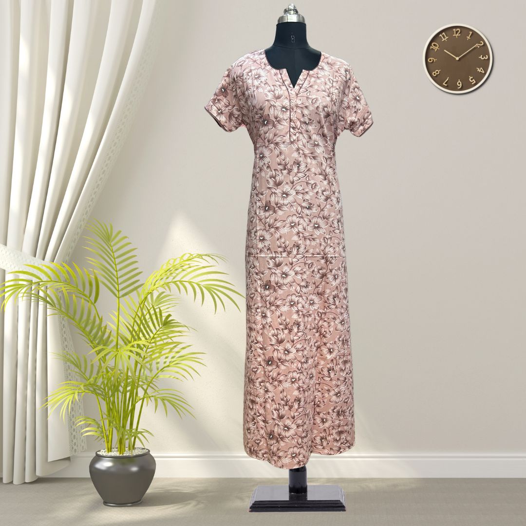 Sand Gold Soft Cotton Nighty With All Over From Libas Loungewear - AL1100 Sand Gold Soft Cotton Nighty With All Over From Libas Loungewear - AL1100