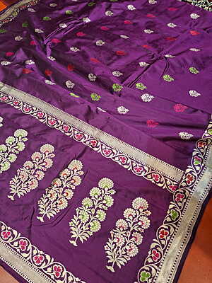 Deep Aubergine Kadwa Banarasi Saree in Pure Katan Silk with Zari, Meenakari & Kadwa Buta Border