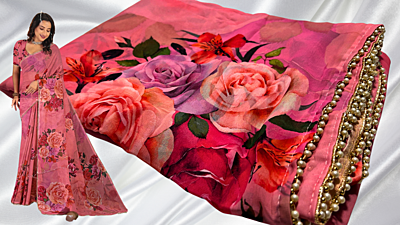 Vipul Pearl Work Rose Saree - Pink