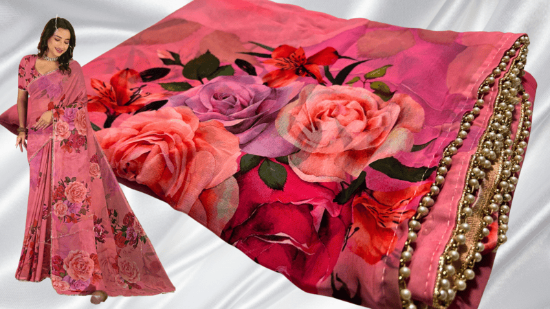 Vipul Pearl Work Rose Saree - Pink